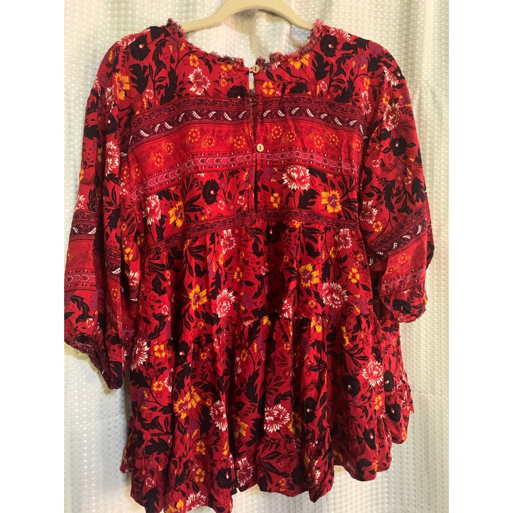 Easel Red Floral Paisley Babydoll Tunic Top Frayed Neck 3/4 Sleeve Womens Medium - Picture 7 of 10